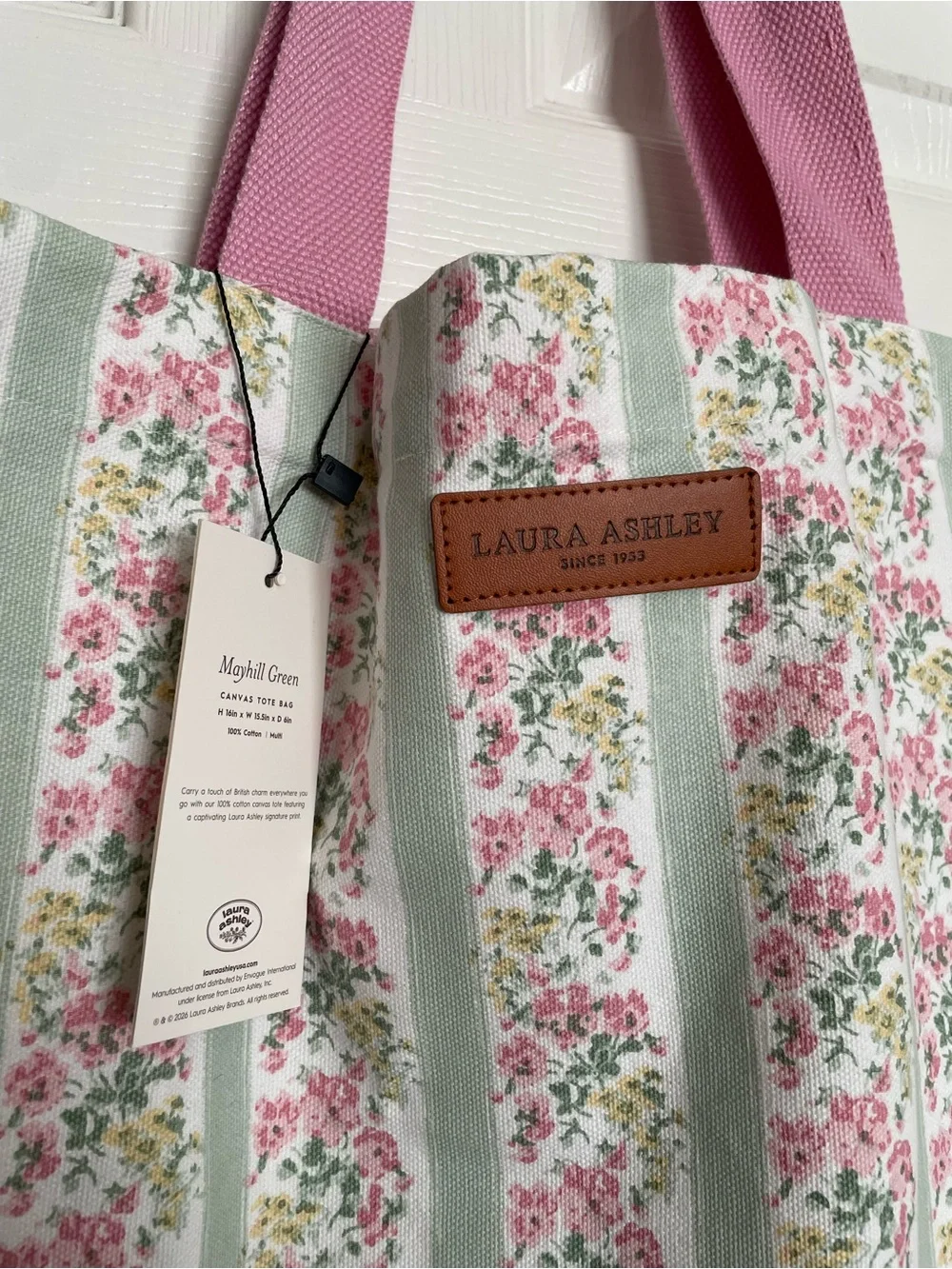 NWT Laura Ashley Mayhill Green Pink Floral w Sage Stripes Canvas Ruffle Tote Bag